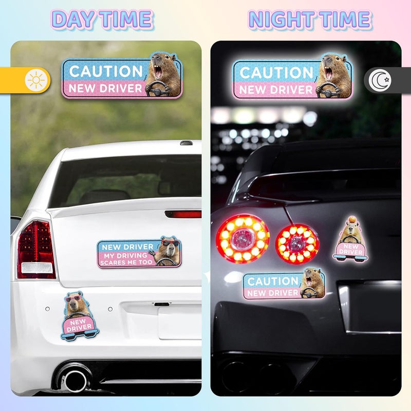 CNhoqc New Student Driver Magnet - 4pcs Cute Capybaras Please Be Patient Student Novice Driver Magnetic Reflective Bumper Sticker Safety Attention Signs Reusable Movable Car Magnet Safety Warning - Image 4
